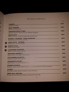 Carte des cocktails à The bar